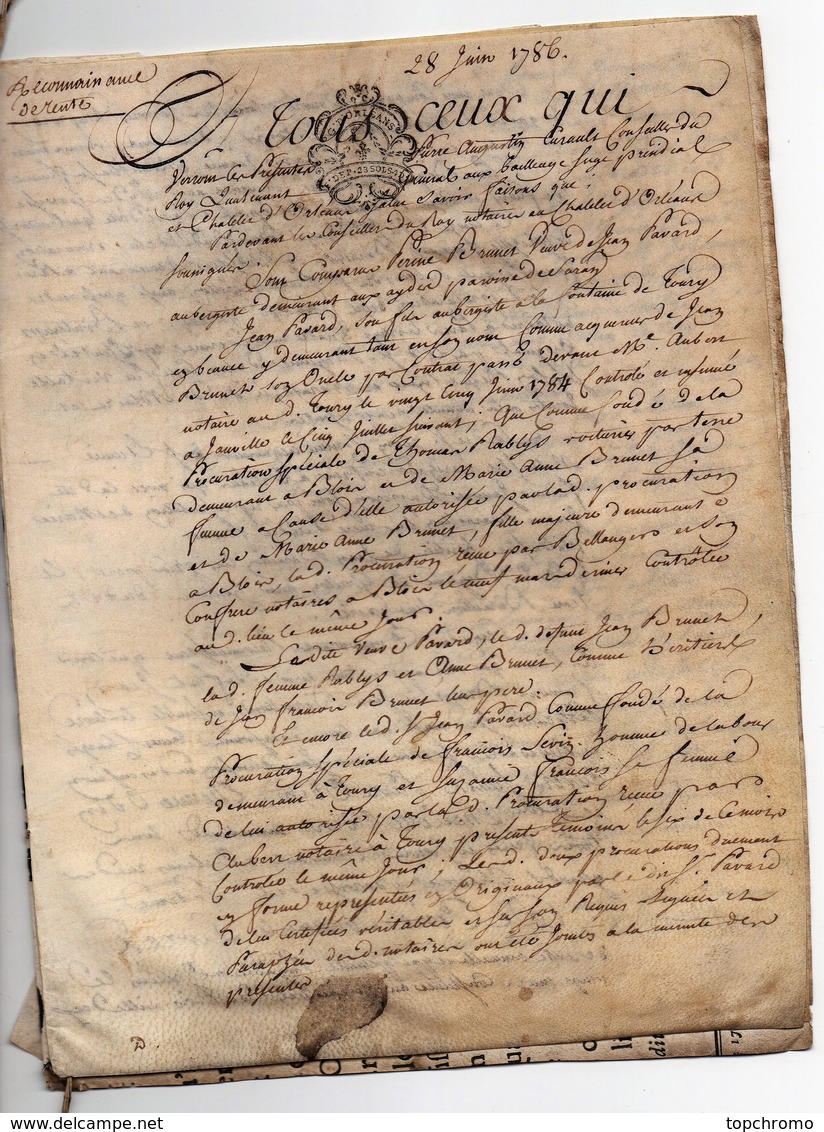 Véritable Parchemin Manuscrit Acte Notarié Notaire 1786 Rente Pavard Brunet Toury Cachet Généralité D'Orléans 4 Pages - Manuscrits