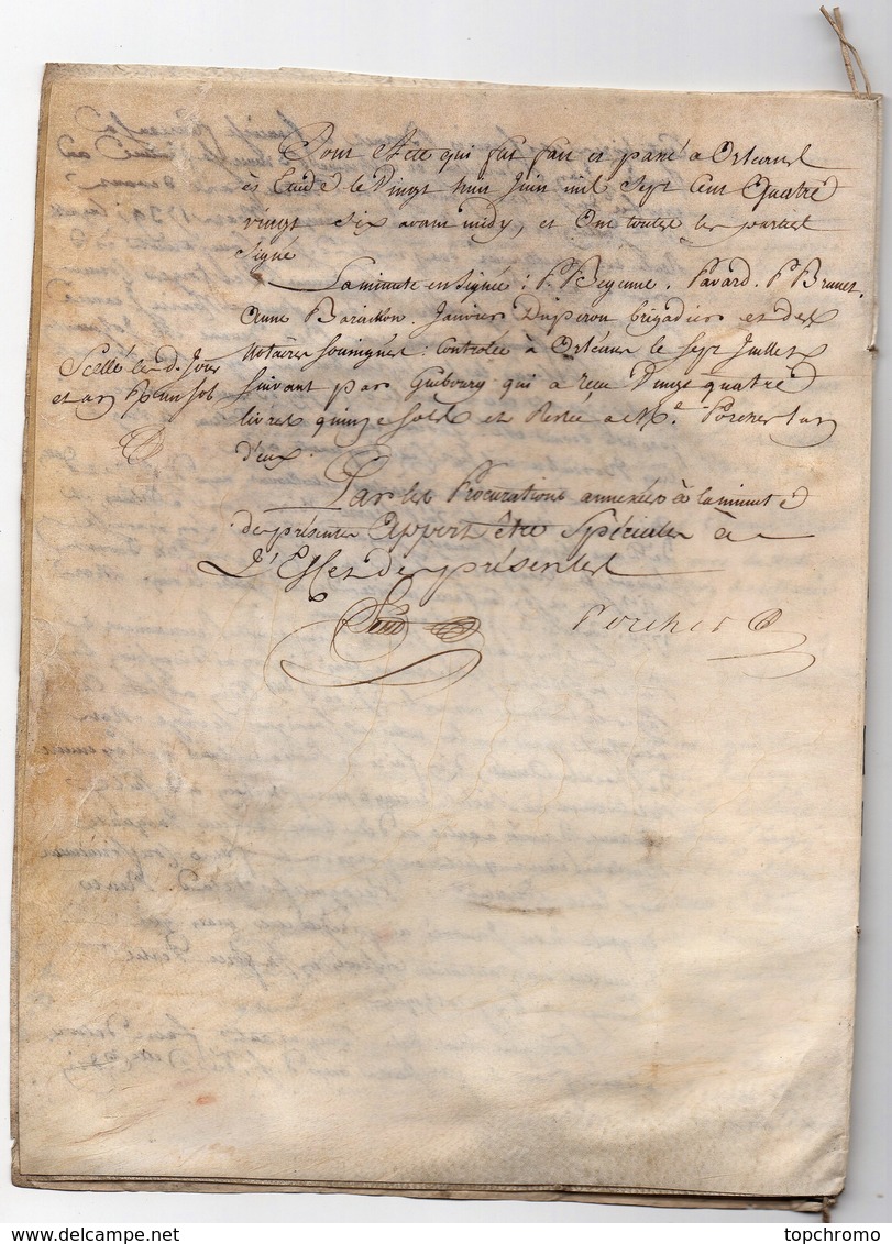 Véritable Parchemin Manuscrit Acte Notarié Notaire 1786 Rente Pavard Brunet Toury Cachet Généralité D'Orléans 4 Pages - Manuscrits