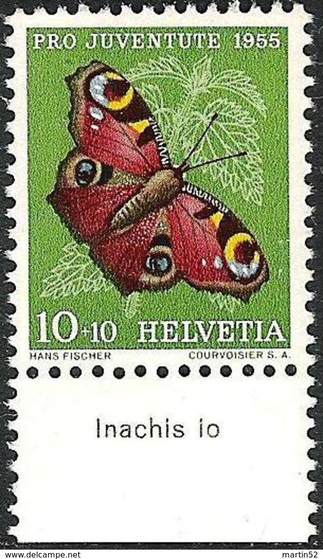 Schweiz Suisse 1955: Pro Juventute Zu 159 Mi 619 Yv 568 ** MNH + TAB Latinum "Inachis Io" (SBK CHF 4.00) - Farfalle