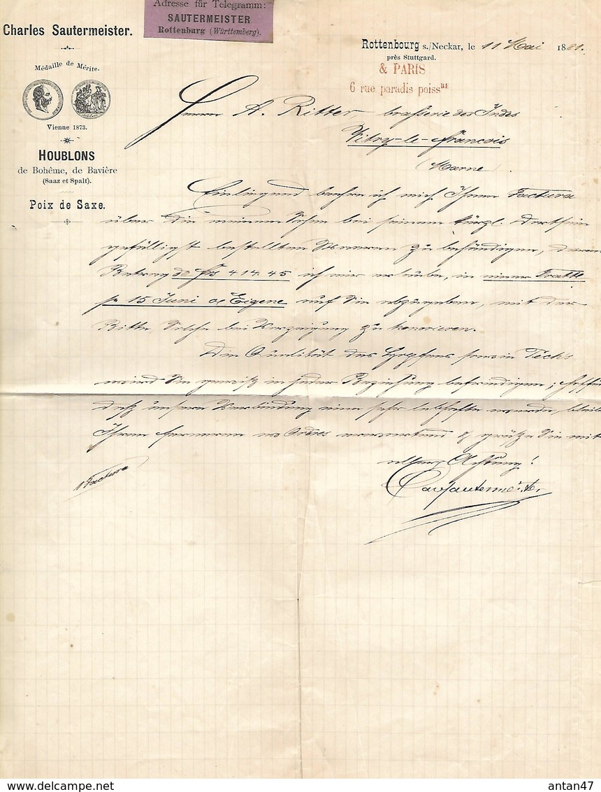 Lettre 1881 / Allemagne ROTTENBOURG / C. SAUTERMEISTER / Houblons Bavière Bohème Saxe / 75010 PARIS Rue Paradis - 1800 – 1899