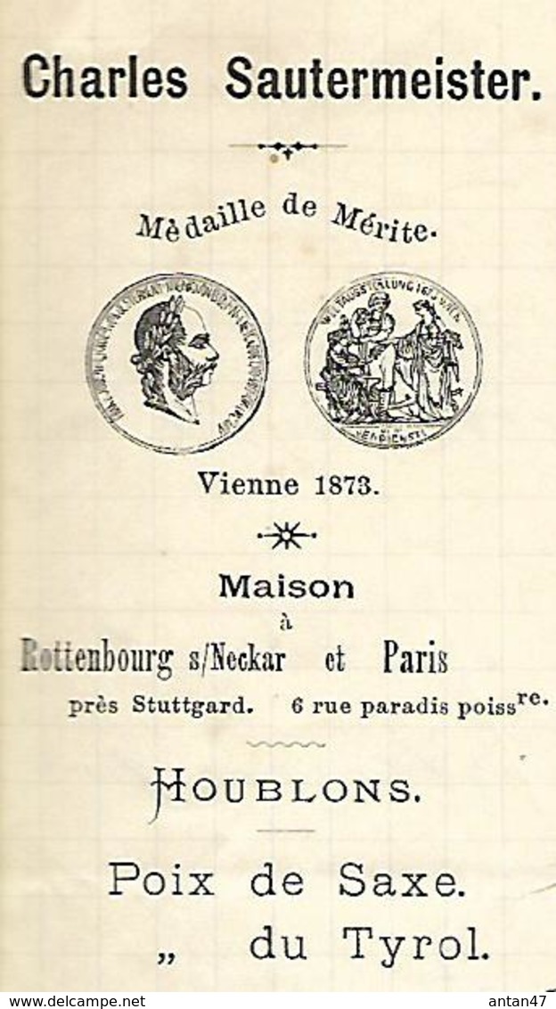 Lettre 1882 / Allemagne ROTTENBOURG / SAUTERMEISTER / Houblons Bavière Bohème Pois De Saxe / 75010 PARIS Rue Paradis - 1800 – 1899