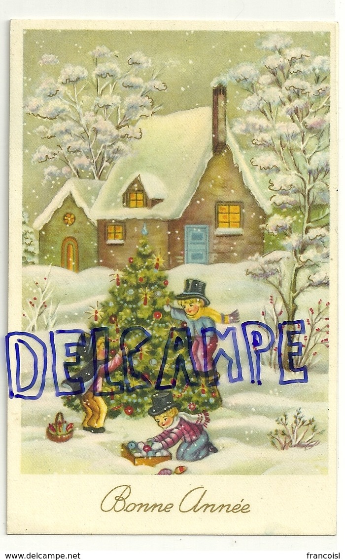 Bonne Année. Maison Sous La Neige, Enfants Qui Décorent Un Sapin De Noël. Dorée. JC - Nouvel An