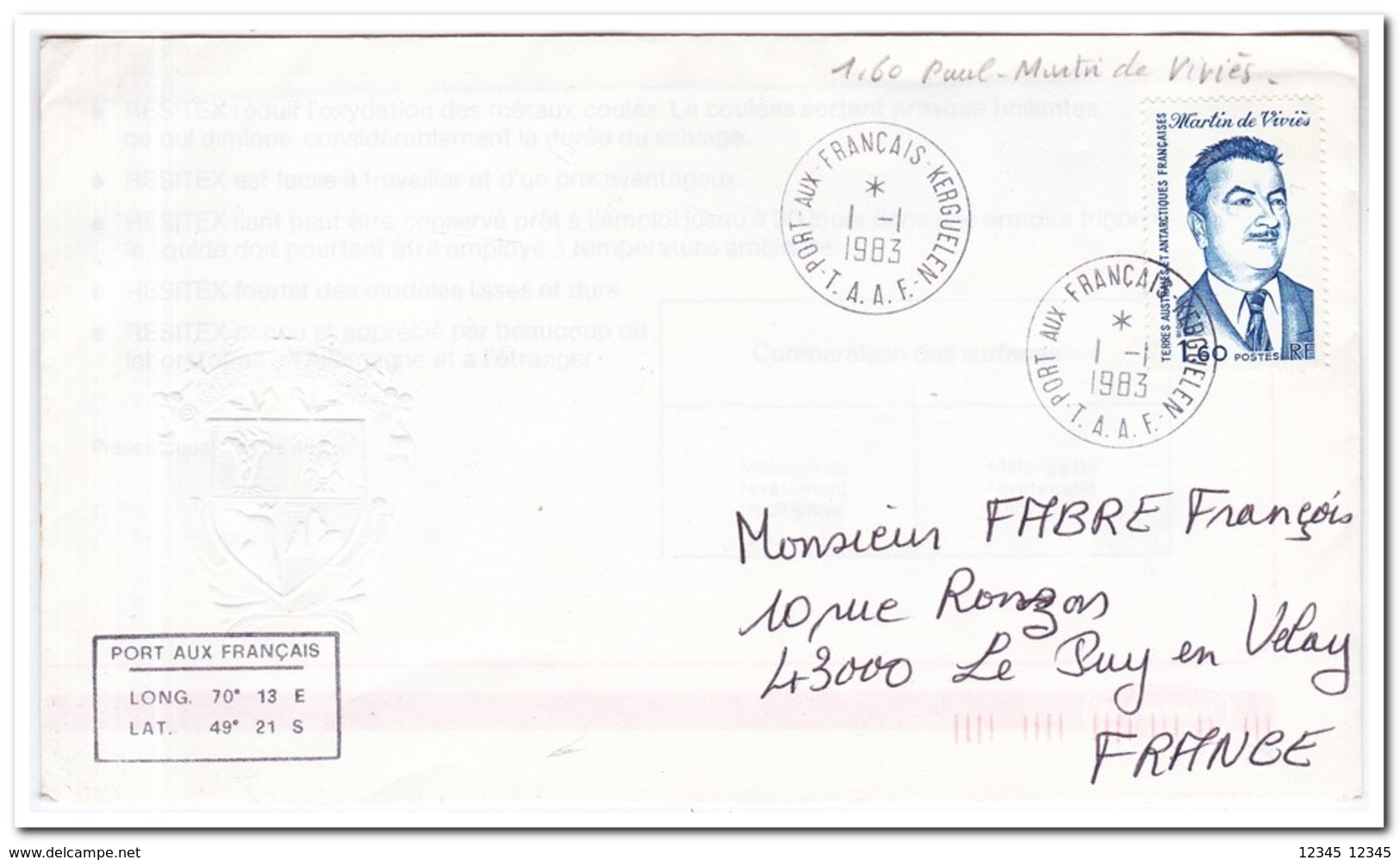 Frans Antarctica 1983, Paul Martin De Vivies, FDC To Le Puy En Velay - FDC