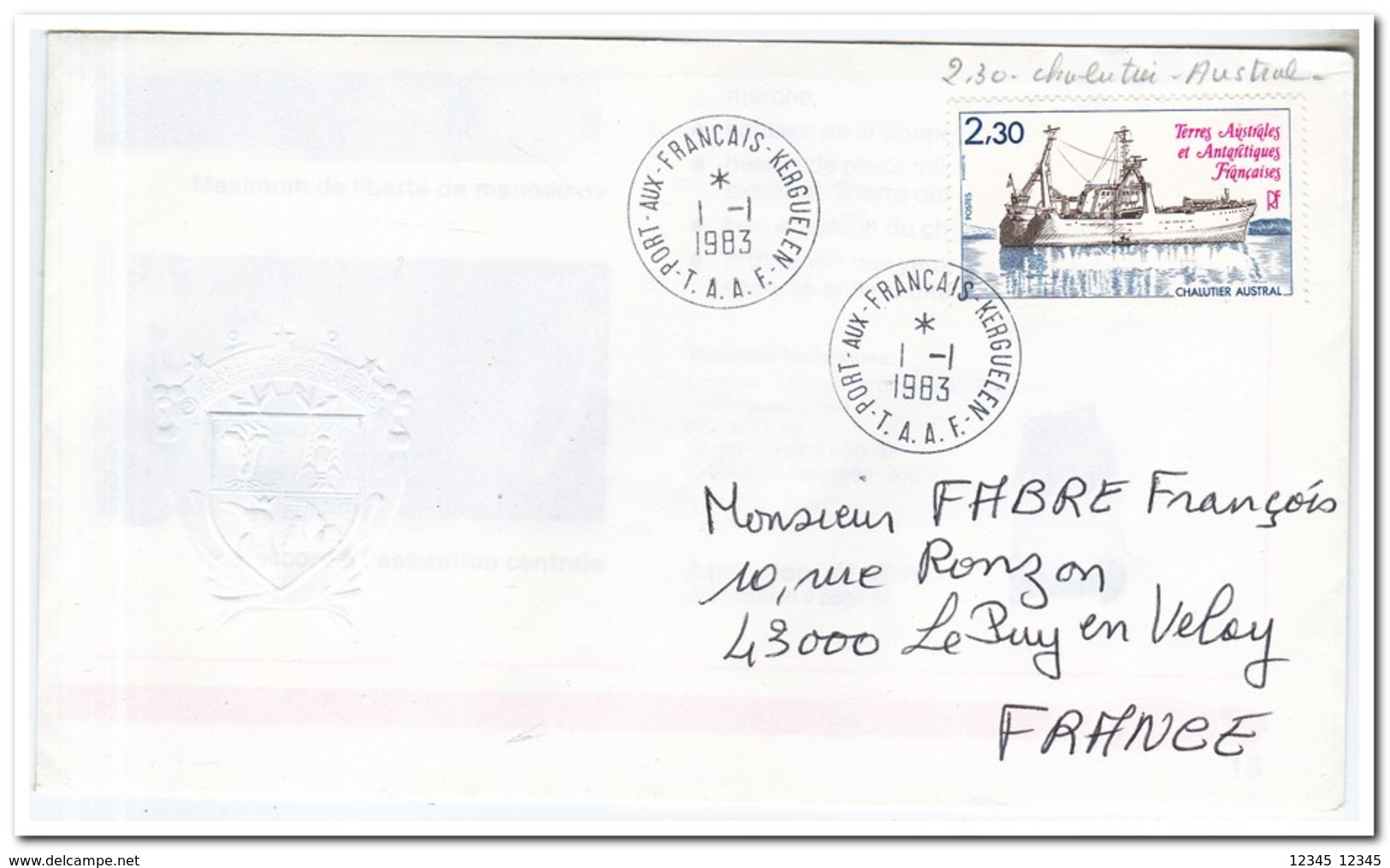 Frans Antarctica 1983, Ship, FDC To Le Puy En Velay - FDC