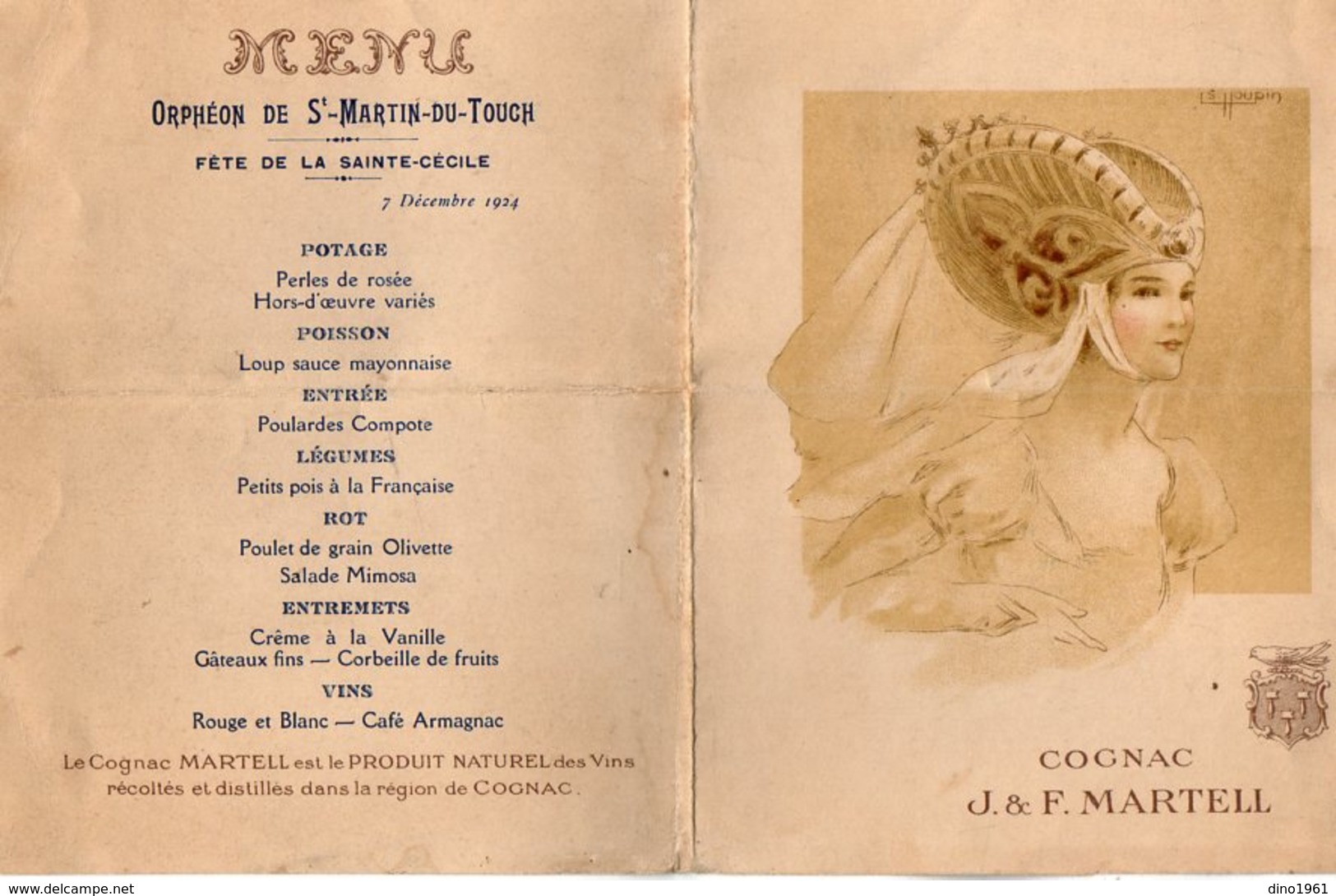 VP14.795 - Orphéon De SAINT MARTIN DU TOUCH 1924 - Fête De La Sainte - Cécile - Menu Illustré - Cognac J. F. MARTELL - Menu