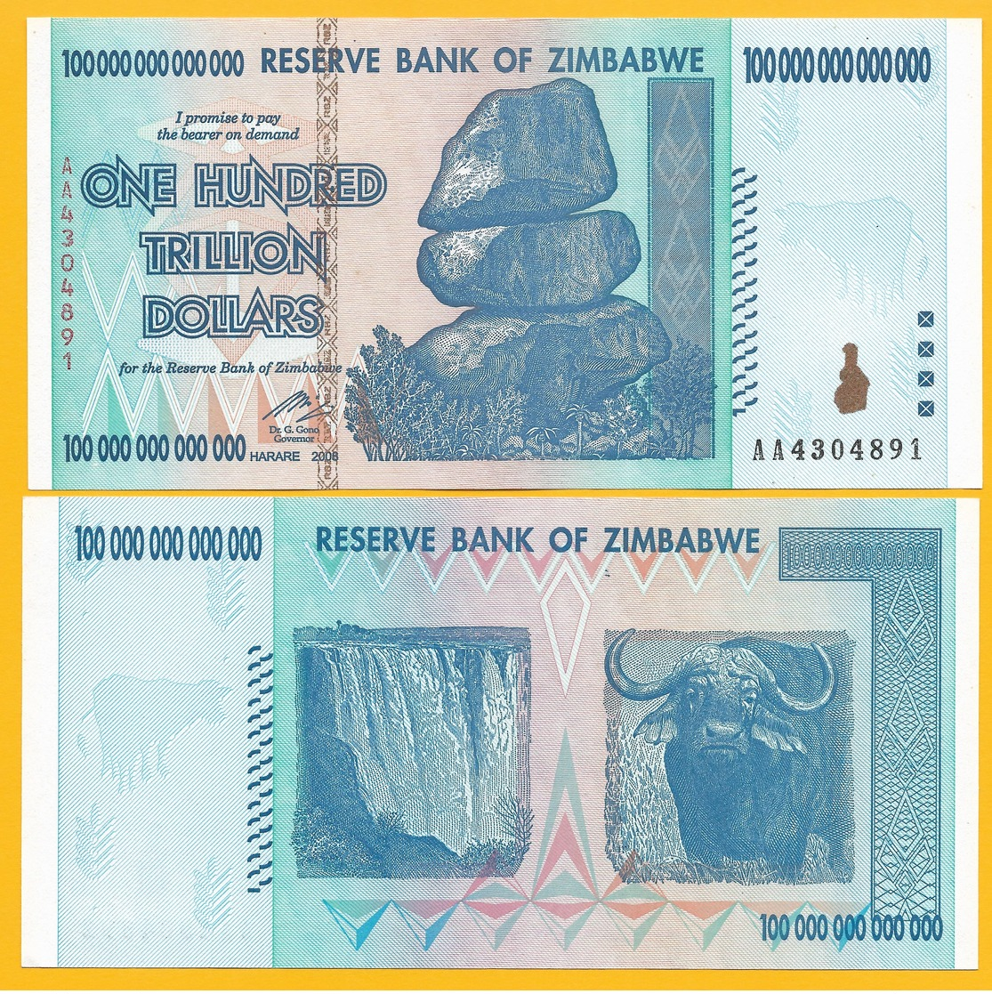 Zimbabwe 100 Trillion Dollars P-91 2008 UNC Banknote - Zimbabwe