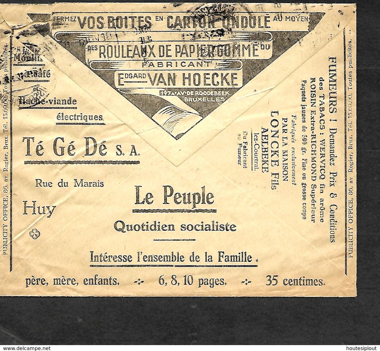 Belgique. Env. CCP  1932  Pub Journal Le Peuple, Tabacs Loncke Aalbeke, Hache-viande TéBédé Huy, Papiers Van Hoecke - Lettres & Documents