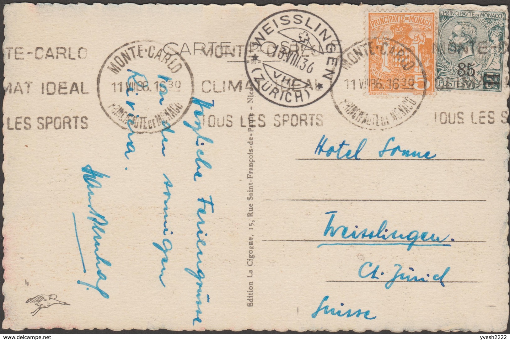 Monaco 1936 Y&T 72 Et 75, 5 C Et 85 C (surchargé) Albert Ier Et Armoiries Sur Carte Pour La Suisse. Tous Les Sports... - Lettres & Documents