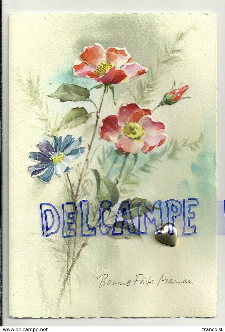 Bonne Fête Maman. Fleurs Et Cœur Argenté Collé. Carte Double Et Encart. - Fête Des Mères