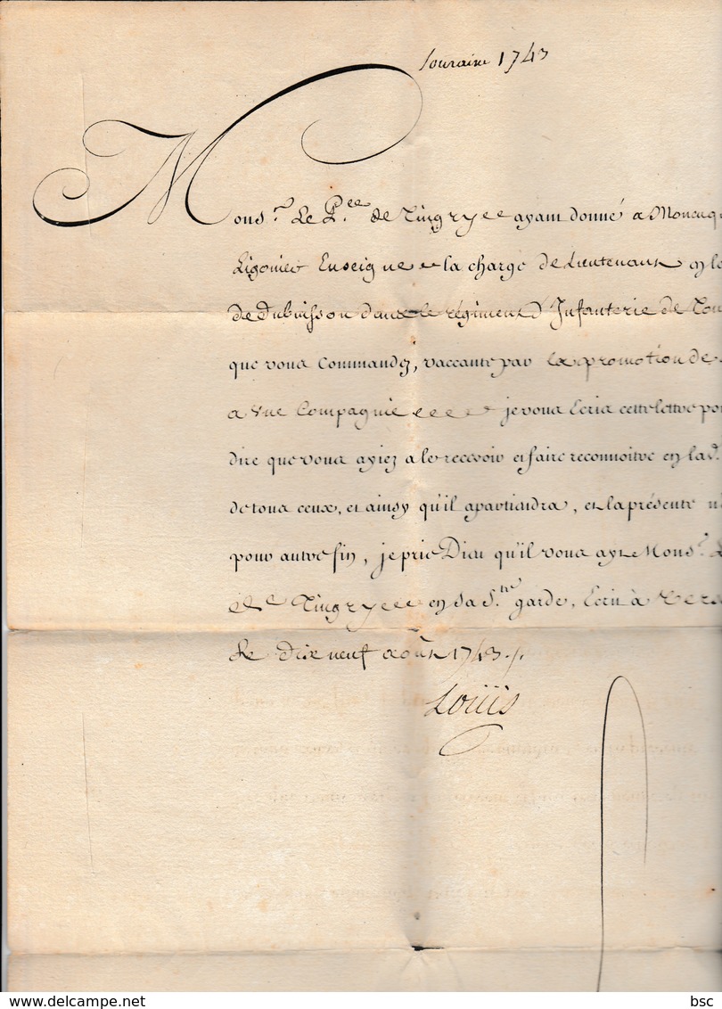 LAC Signée LOUIS (XV) Datée De TOURAINE 1743  Adressée Au Prince De Tingry Dubuisson Pour Mr De LIGONIEV Très Bon état - 1701-1800: Precursores XVIII