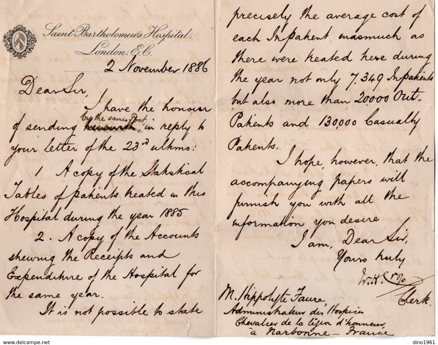 VP14.797 - Saint Bartholomeus Hospital LONDON 1886 - Lettre De Mr ? à Mr H. FAURE Administrateur Des Hospices à NARBONNE - Manuscrits