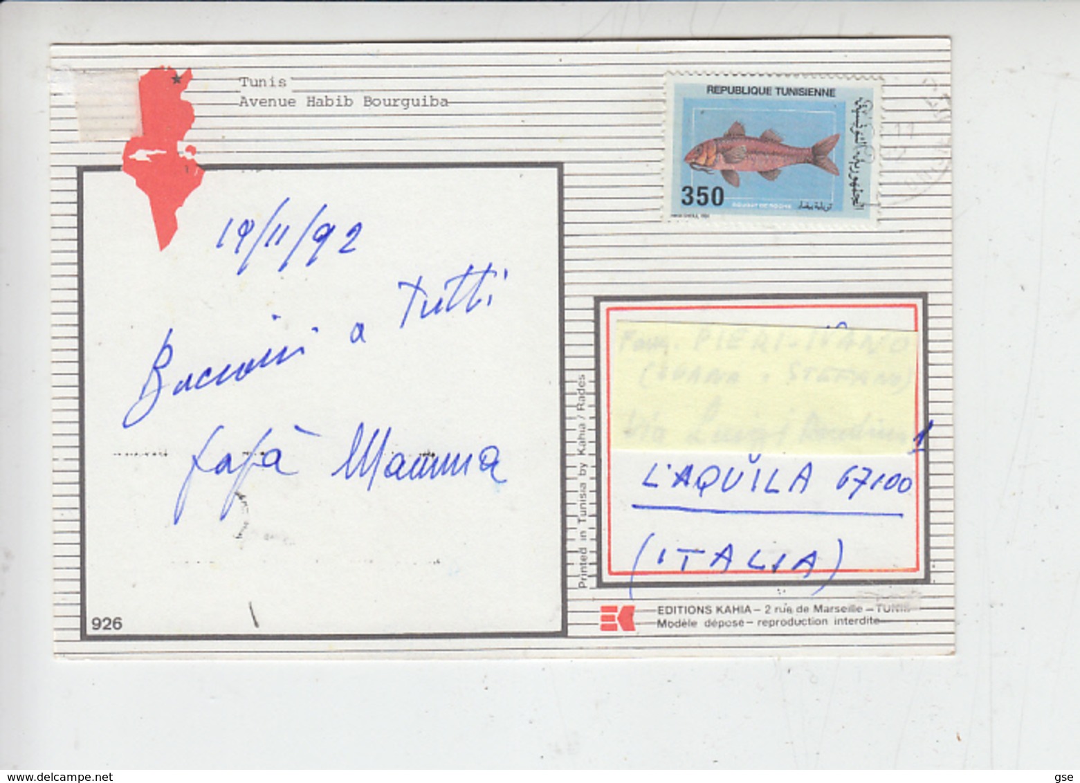 TUNISIA  1992 - Cartolina Per Italia -  Pesce - Tunisia (1956-...)