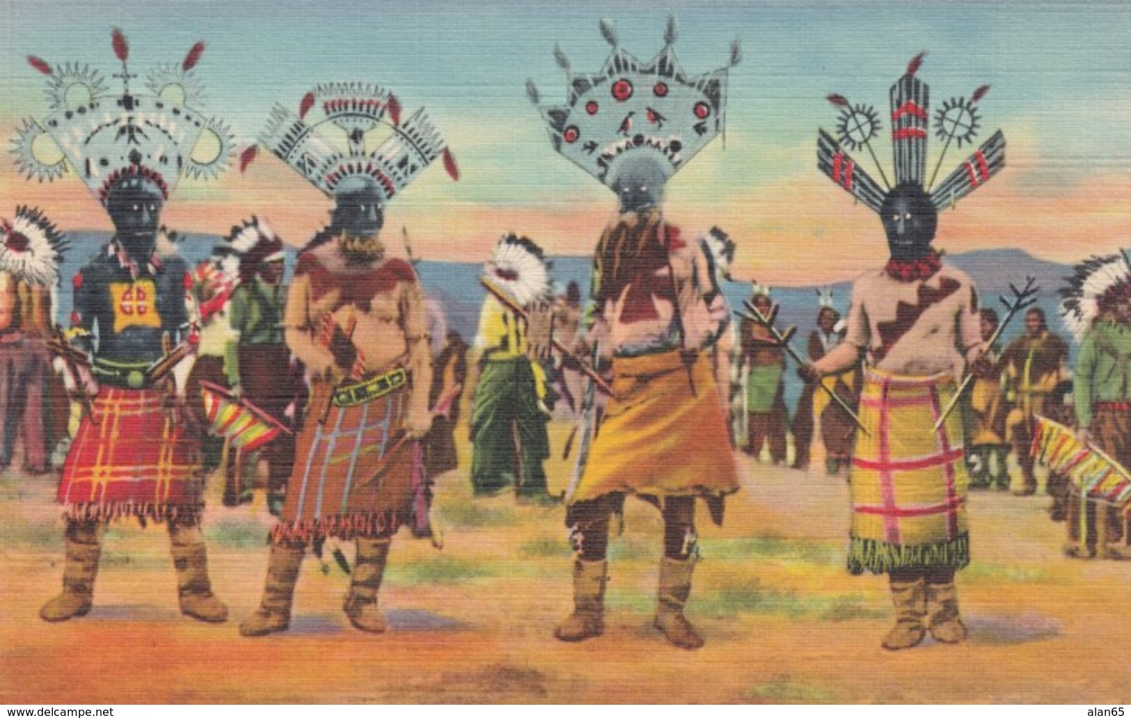 Apache Indian 'Devil Dance' Native American Dance Ceremony C1930s Vintage Curteich Linen Postcard - Native Americans