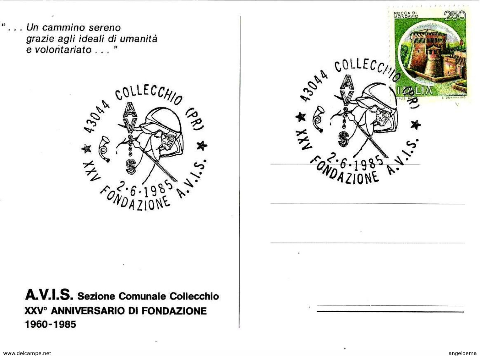 ITALIAITALY  - 1985 COLLECCHIO (PR) XXV Fondazione Donatori Sangue AVIS Su Cartolina Speciale - 3570 - Non Classificati
