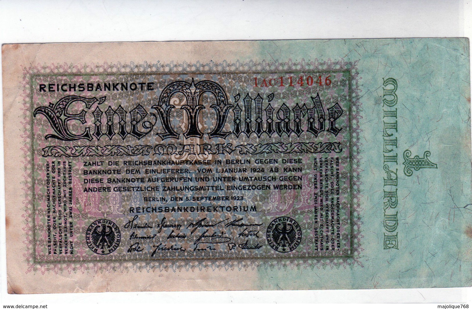 Billet De 1 Milliard Mark (type 1923) Le 5-9-1923 En T B - Uni Face - - 1 Milliarde Mark