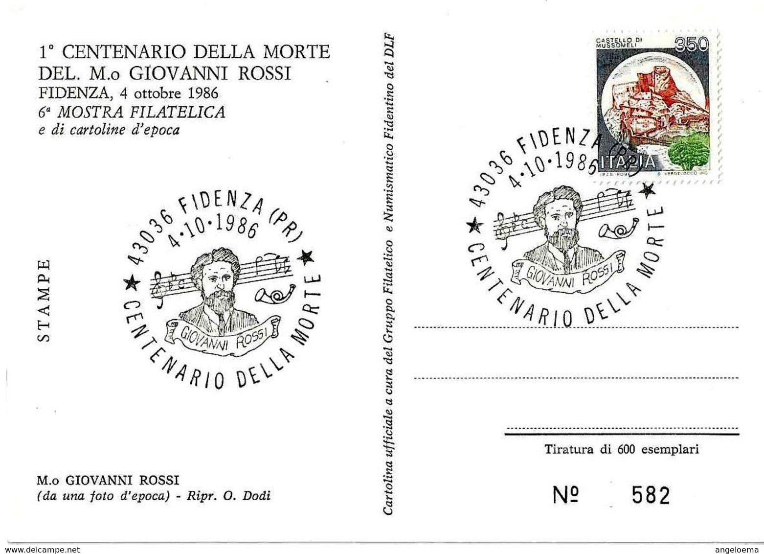 ITALIA - 1986 FIDENZA (PR) Cent. Morte Di GIOVANNI ROSSI Compositore - 6^ Mostra Filatelica Su Cartolina Spec.num.- 799 - Esposizioni Filateliche