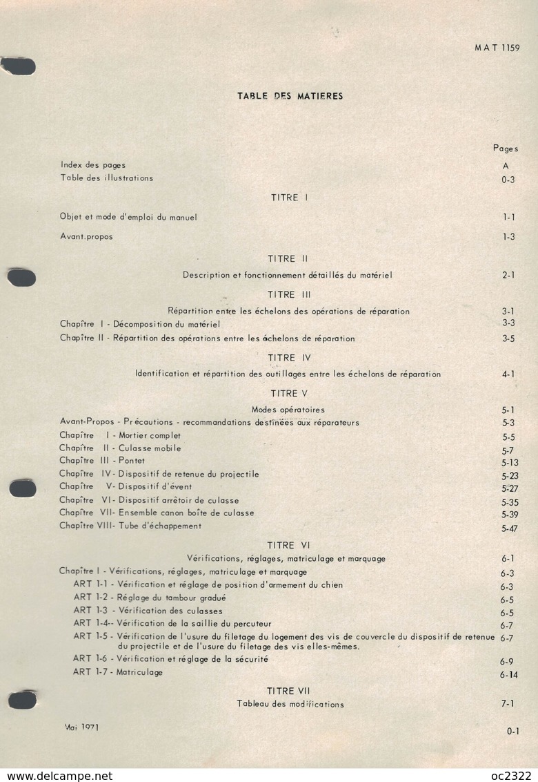 MANUEL MILITAIRE De 1971 MANUEL RÉPARATION MORTIERS DE 60 CS MODÈLE 61 Et 61/67 - Documents