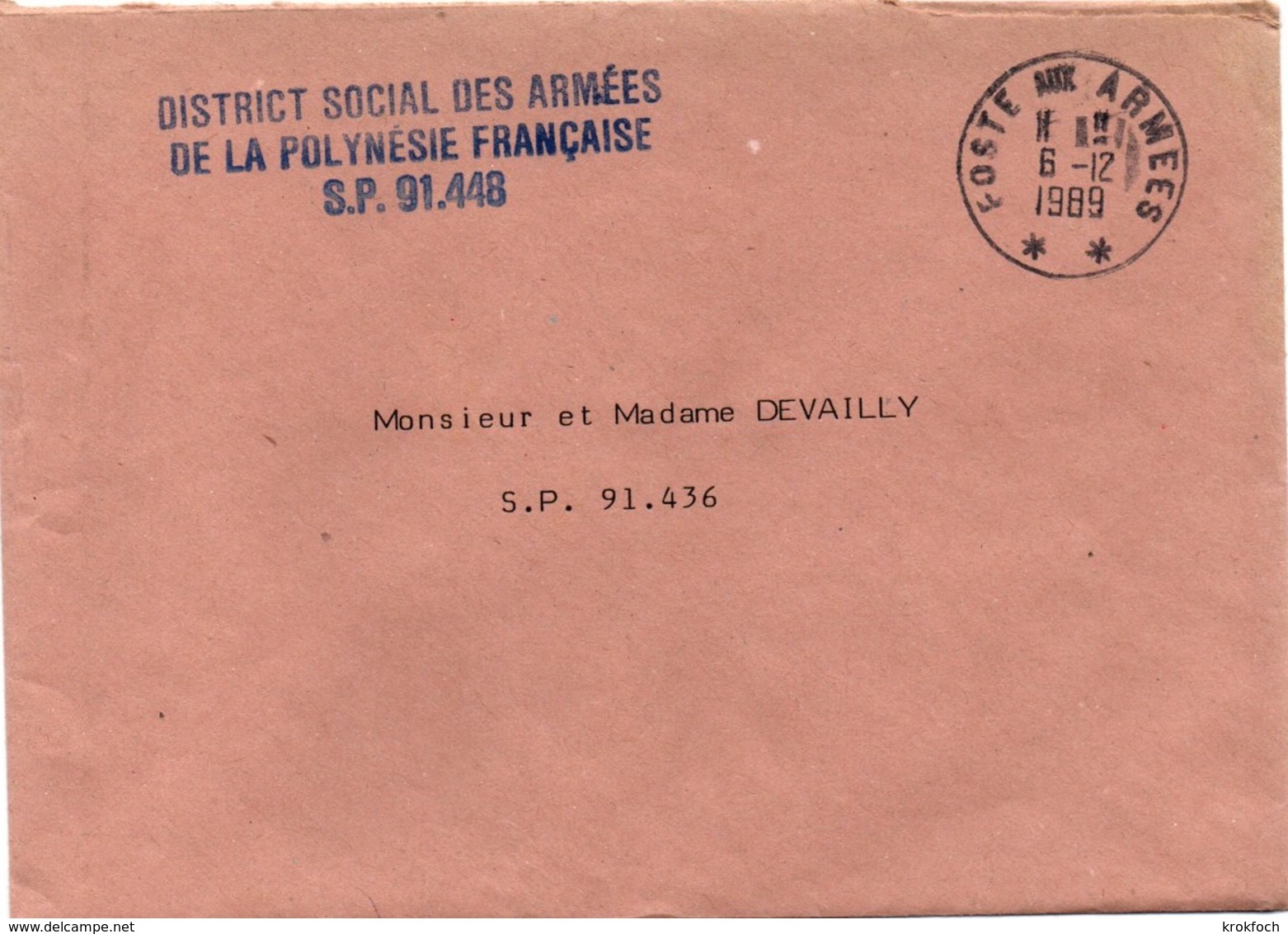 District Social Des Armées De La Polynésie - Poste Aux Armées ** 1989 - Lettre En Franchise - Lettres & Documents