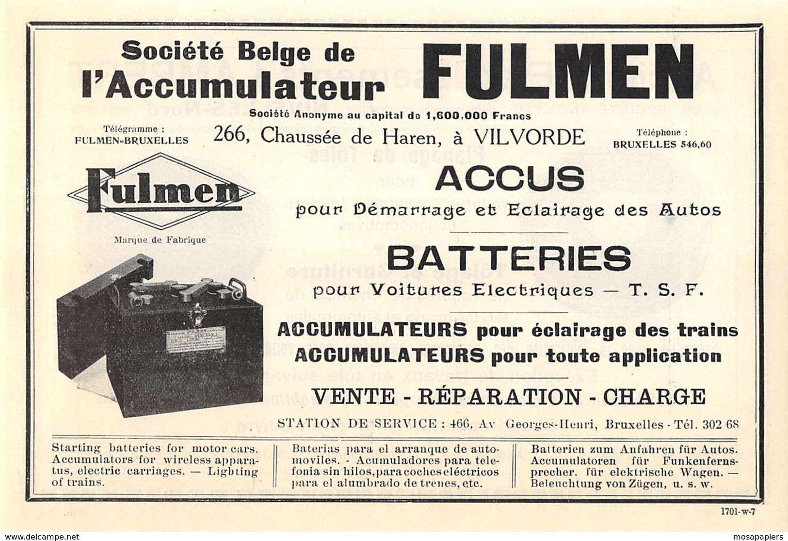 1927 - VILVORDE - Chaussée De Haren - Société Belge De L'Accumulateur FULMEN - Dim. 1/2 A4 - Advertising