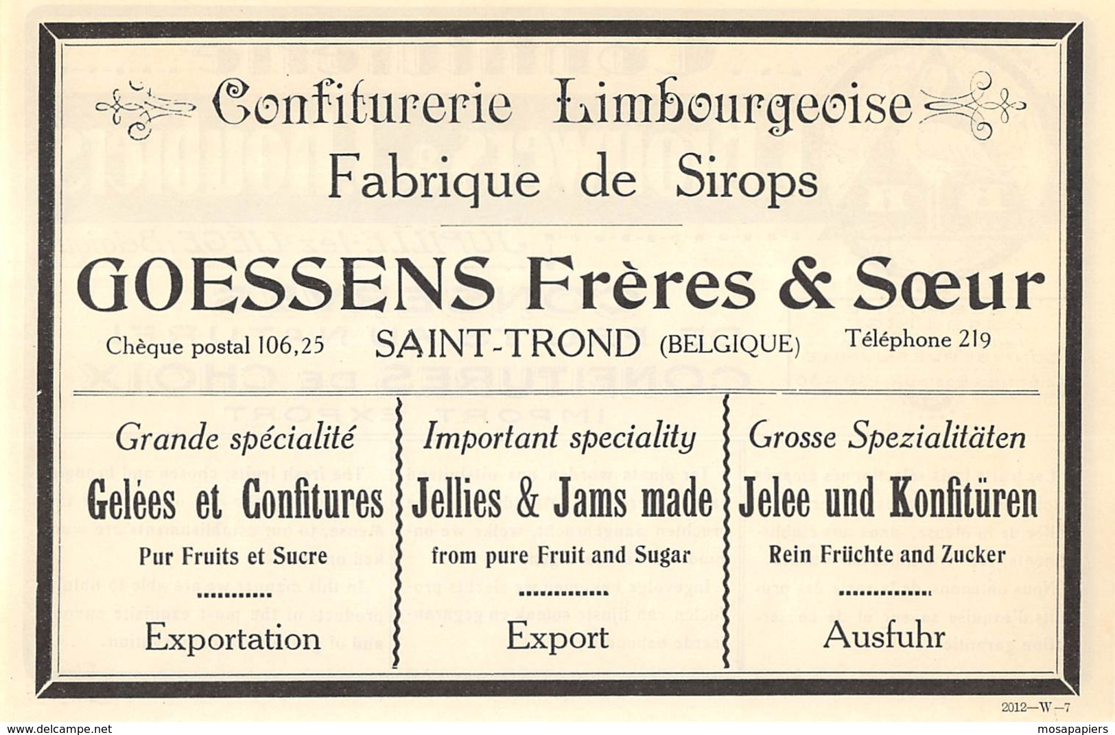 1927 - SAINT-TROND - Confiturerie Limbourgeoise - GOESSENS Frères & Soeurs - Dim. 1/2 A4 - Publicités