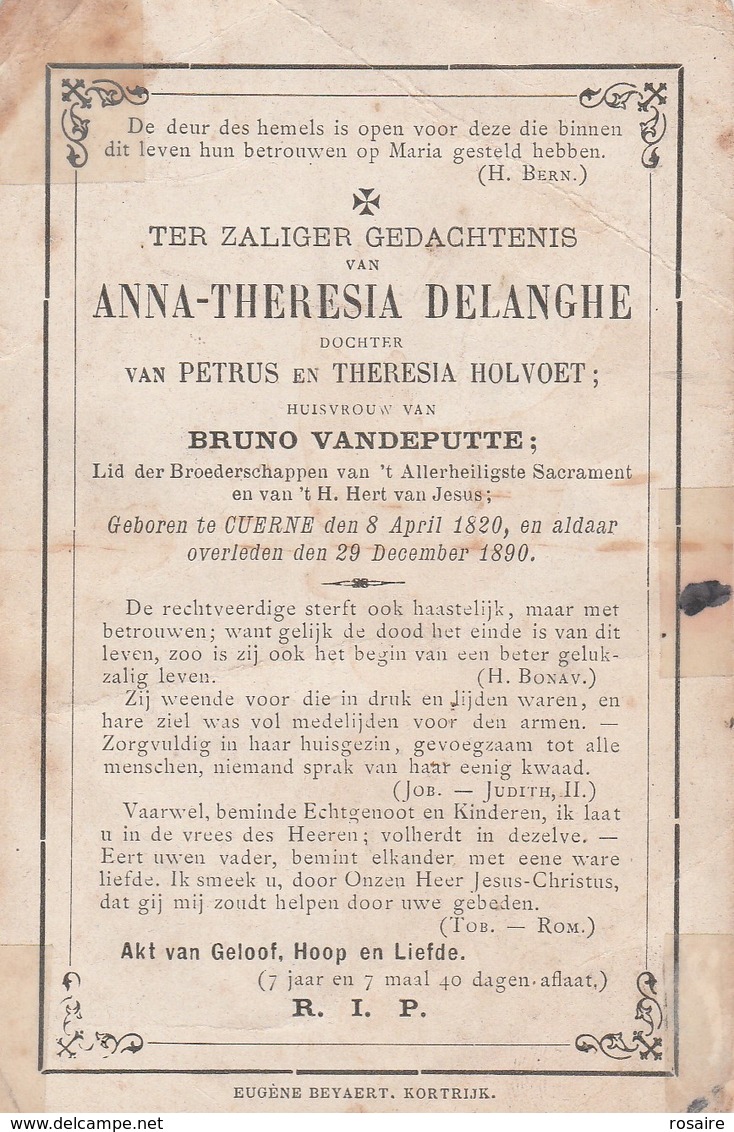 Anna Theresia Delanghe-cuerne 1820-1890-versterkt En Kreuk - Images Religieuses