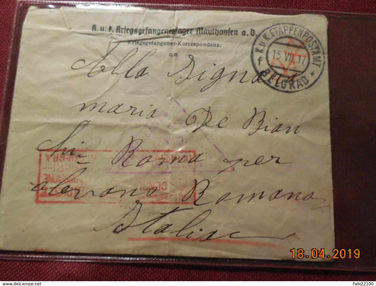 Lettre De Belgrad De 1917 Pour L'Italie Avec Marque De Censure ( Occupation ?) - Prephilately