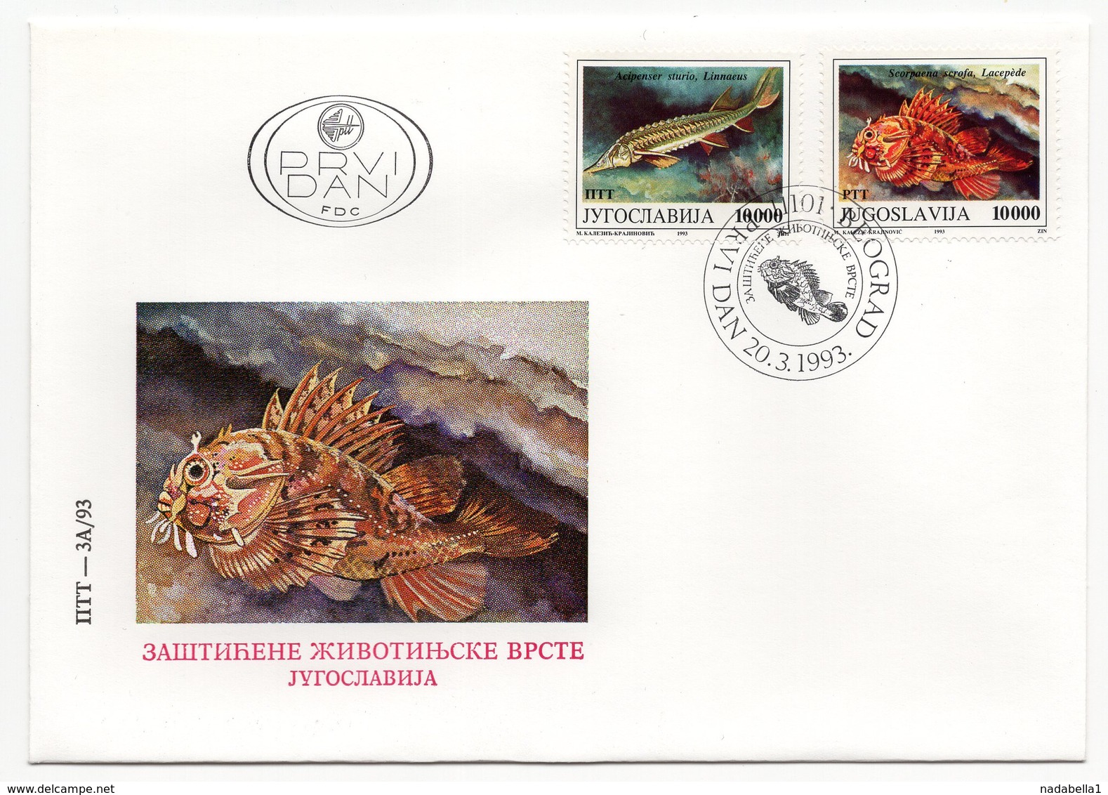 YUGOSLAVIA, FDC, 20.03.1993, COMMEMORATIVE ISSUE:  PROTECTED SPECIES, FISH - Covers & Documents