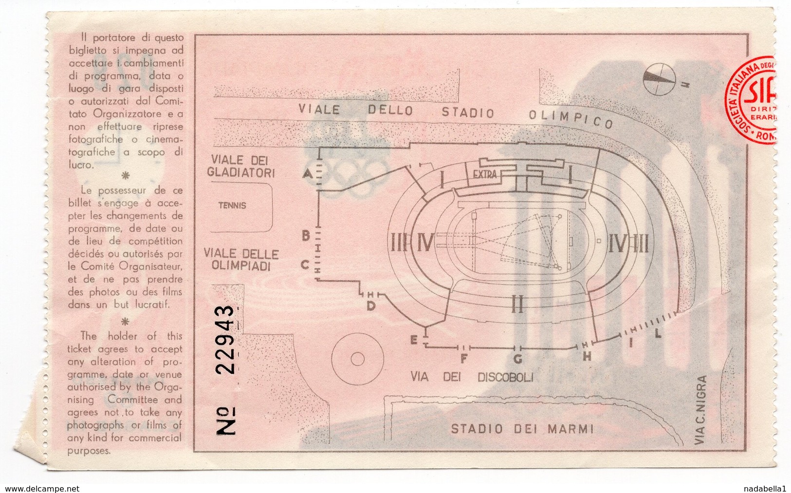 1960 SUMMER OLYMPIC GAMES, ROME, ITALY, TICKET FOR ATHLETICS,USED - Tickets D'entrée