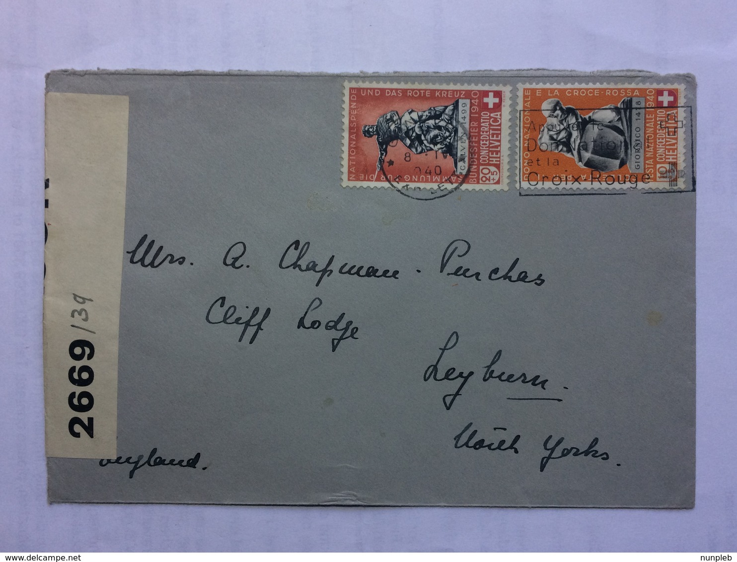 SWITZERLAND 1940 Cover With Censor Tape Geneva To England Tied With Pro Patria Monuments - Covers & Documents