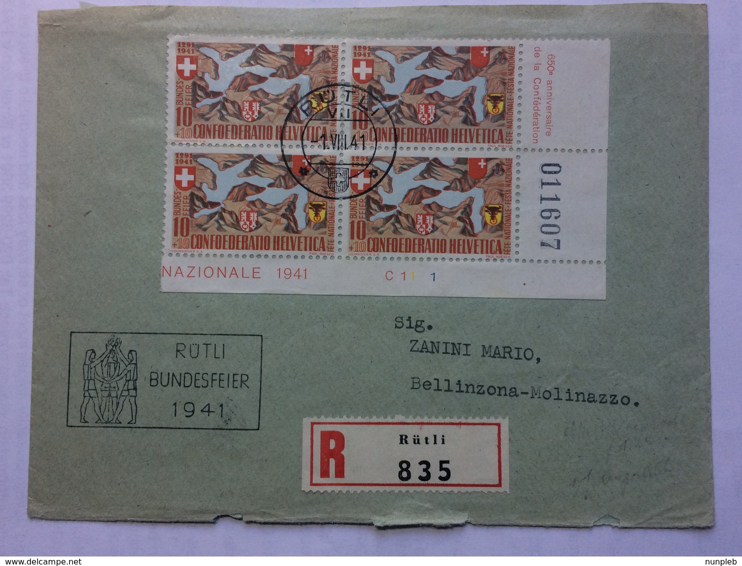 SWITZERLAND 1941 Cover Registered Rutli To Molinazzo Tied With Confederation Block Of 4 - Covers & Documents