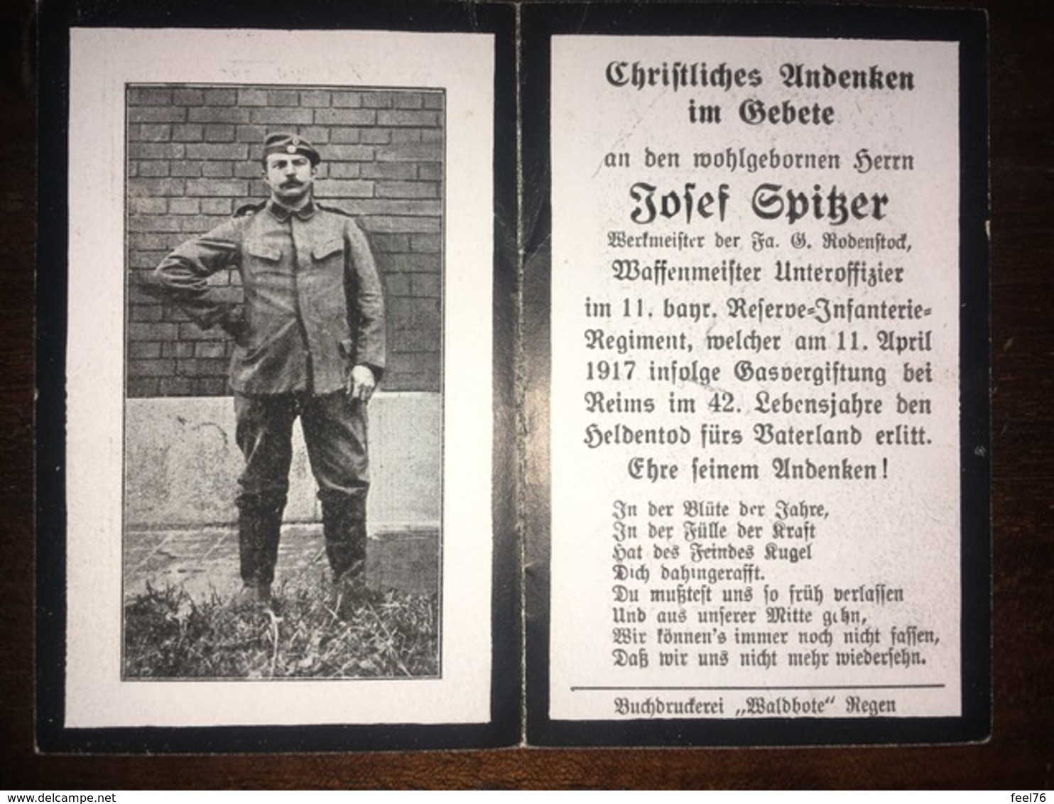 Sterbebild Wk1 Ww1 Bidprentje Avis Décès Deathcard RIR11 REIMS Gasvergiftung 11. Aprl 1917 Waffenmeister - 1914-18