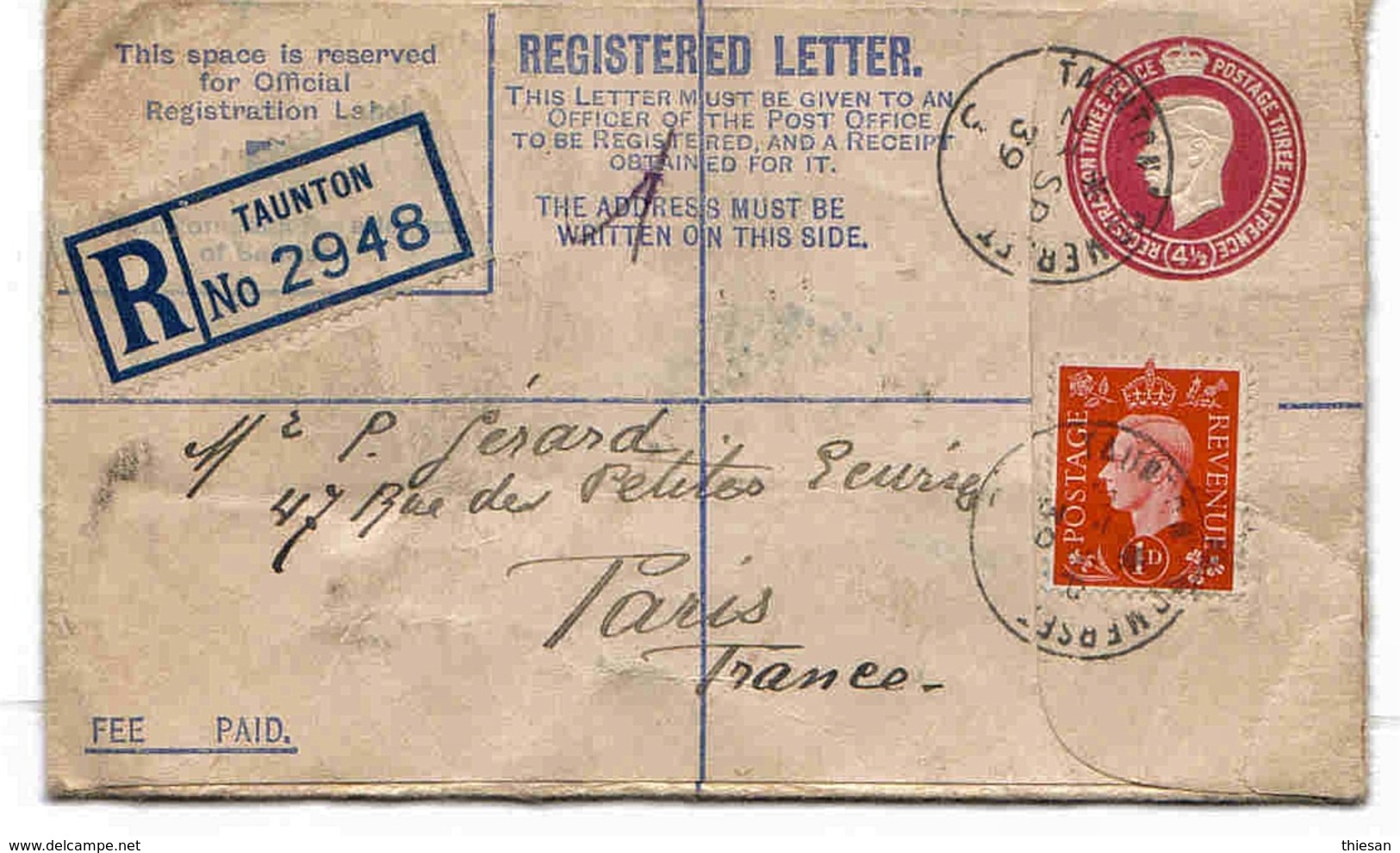 Grande Bretagne Great Britain Entier Recommandé Taunton 1939 Stationary - Lettres & Documents