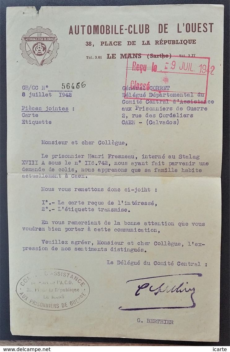 Lettre AUTOMOBILE-CLUB DE L'OUEST LE MANS COLIS Prisonnier De Guerre STALAG XVIII A > CAEN Juillet 1942 - Guerre De 1939-45