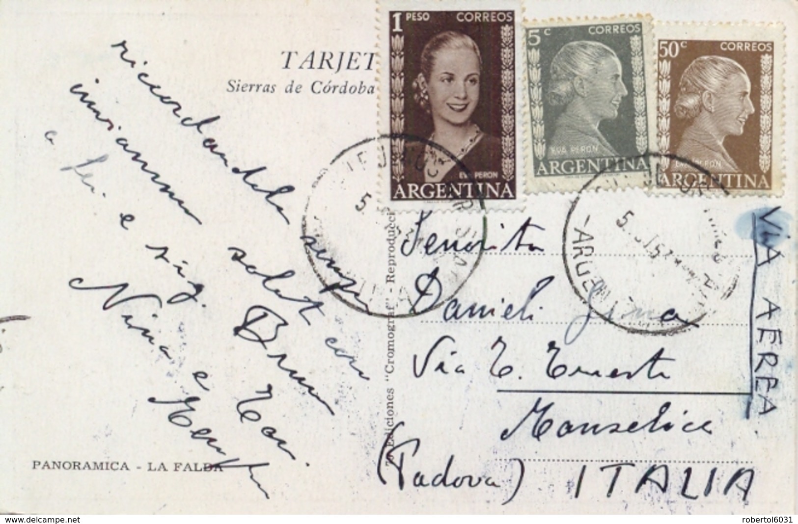 Argentina 1953 Picture Postcard To Italy With Eva Peron 5 C. + 50 C. + 1 Peso - Donne Celebri