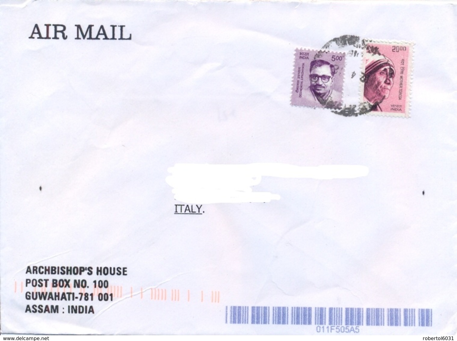 India 2018 Cover To Italy With 5 R. Upadhyaya + 20 R. Mother Teresa - Mother Teresa