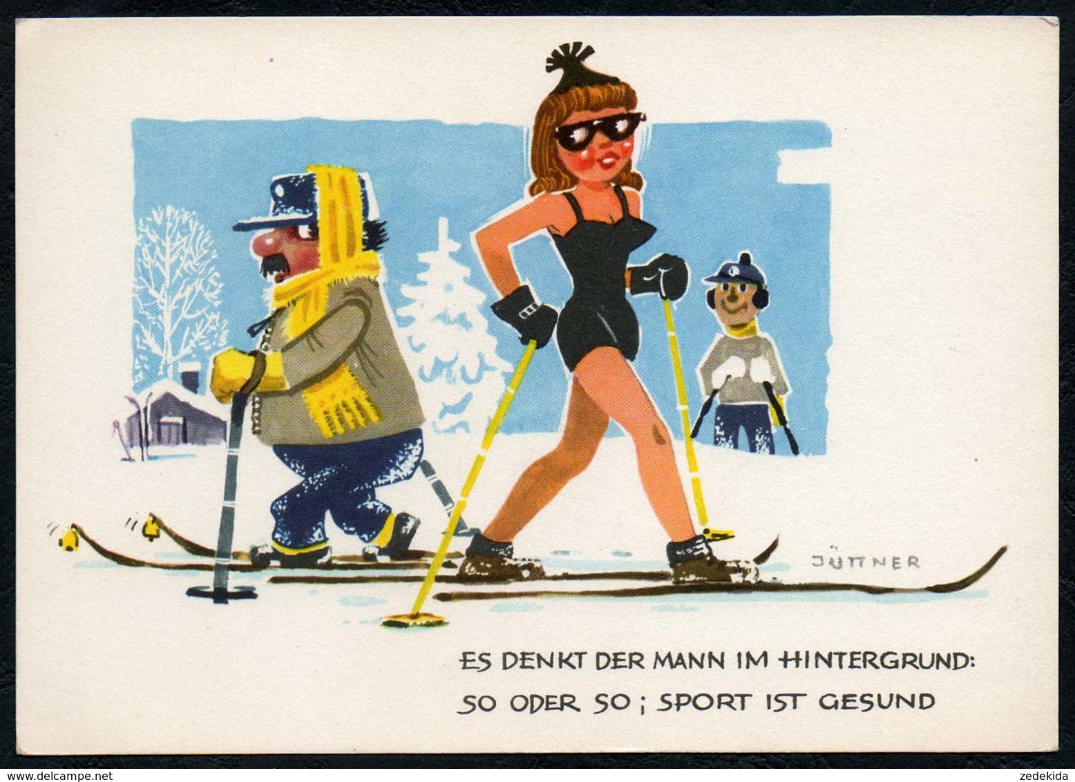 C4758 - Jüttner Humor Scherzkarte - Wintersport Erotik - Quell Kunst Cossebaude - DDR Grafik - Humor