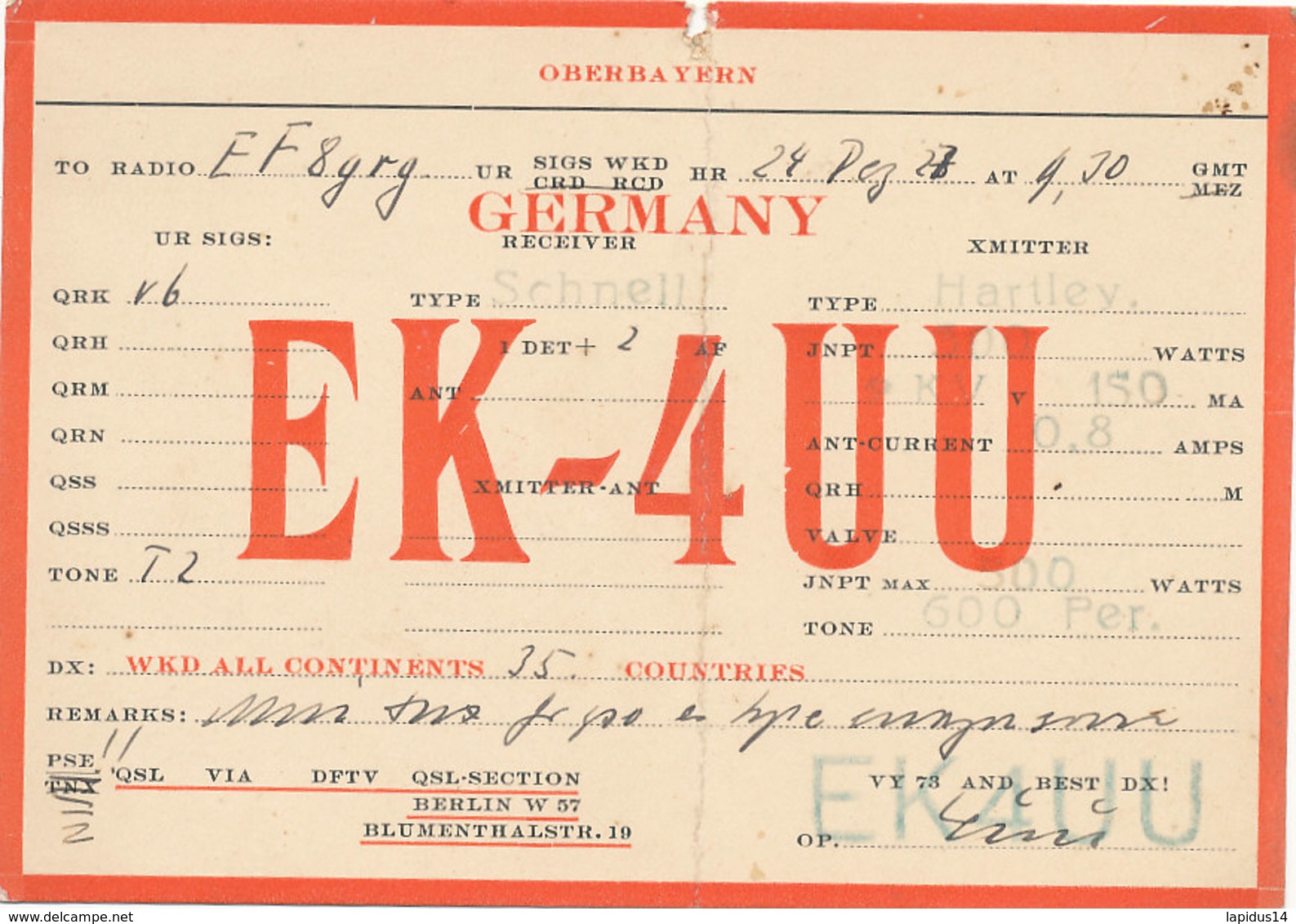 R 305   /  CARTE RADIO AMATEUR -  E  K  - 4  U  U   GERMANY - Radio Amatoriale