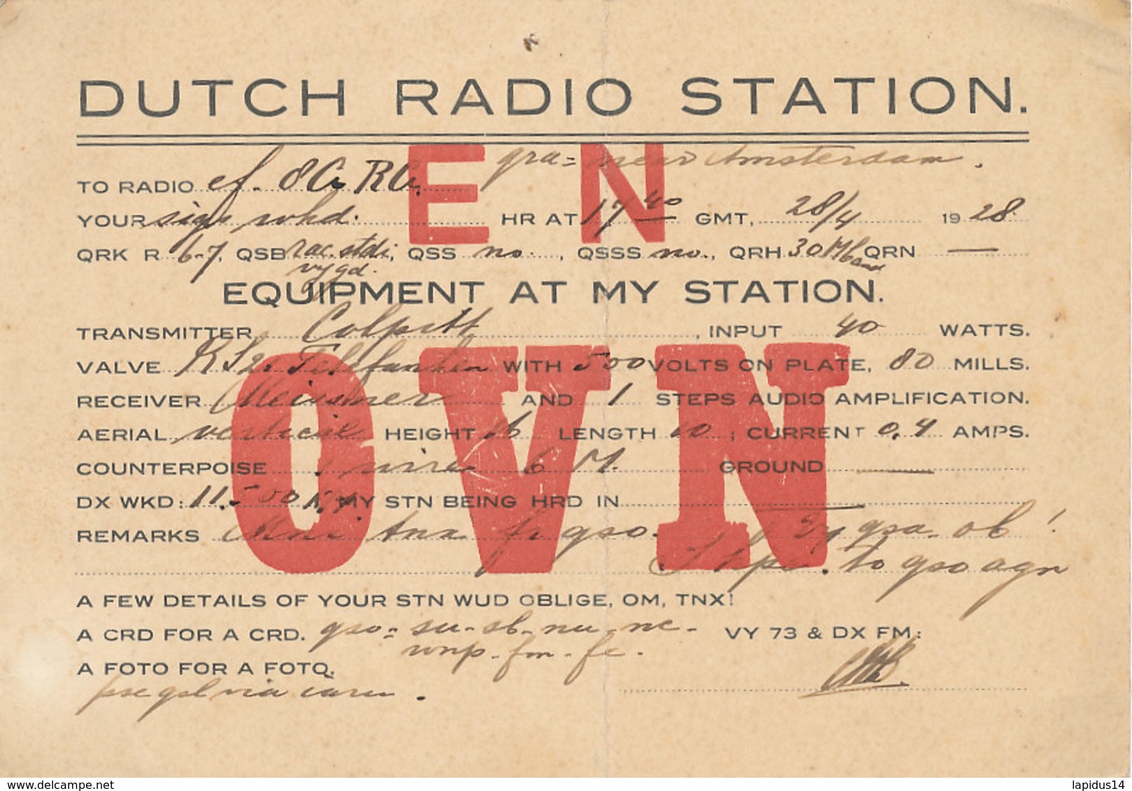 R 316   /  CARTE RADIO AMATEUR -    E  N  O  V  N   DUTCH RADIO STATION - Radio Amateur
