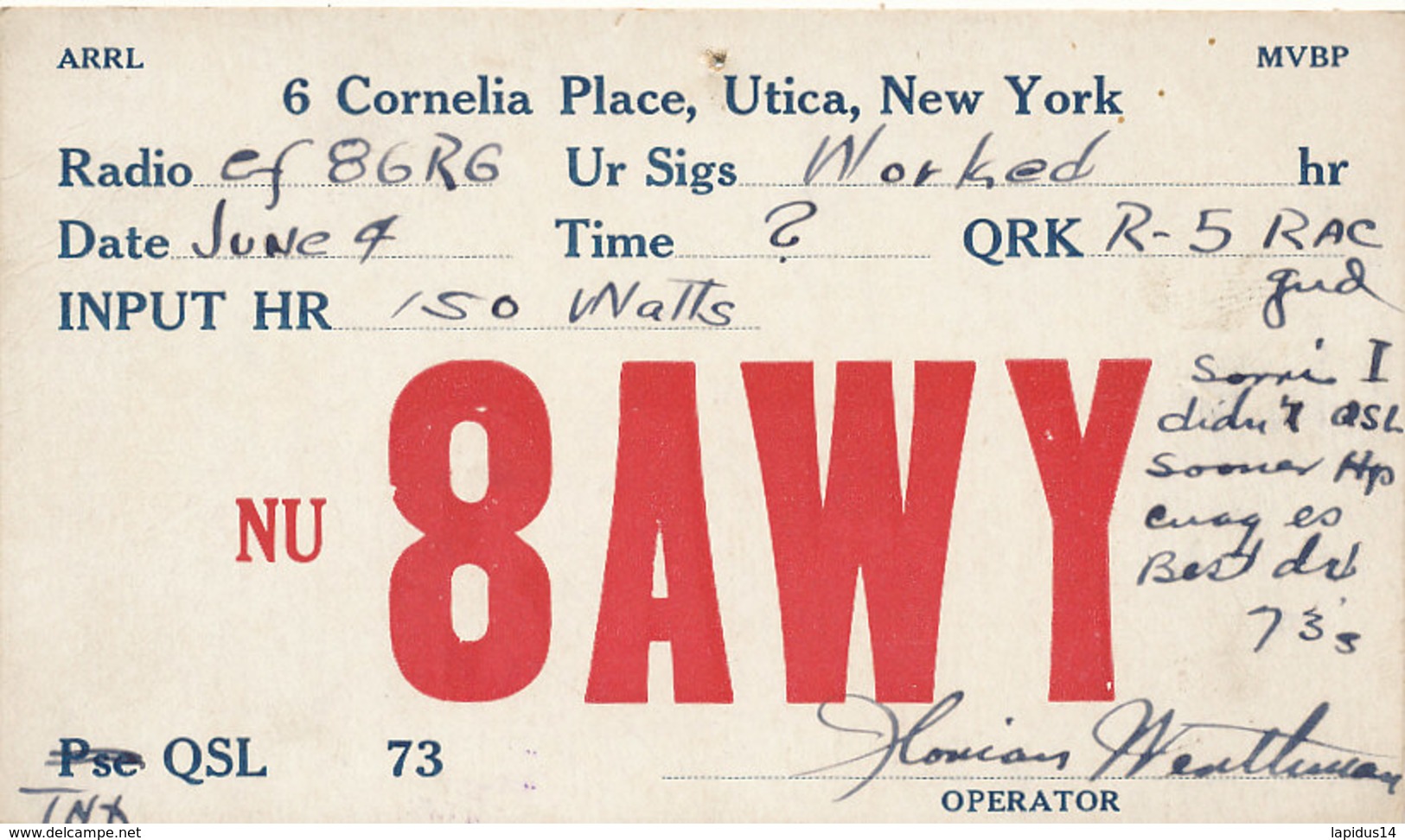 R 320   /  CARTE RADIO AMATEUR -  N U  8  A  W  Y  NEW  YORK - Radio Amatoriale