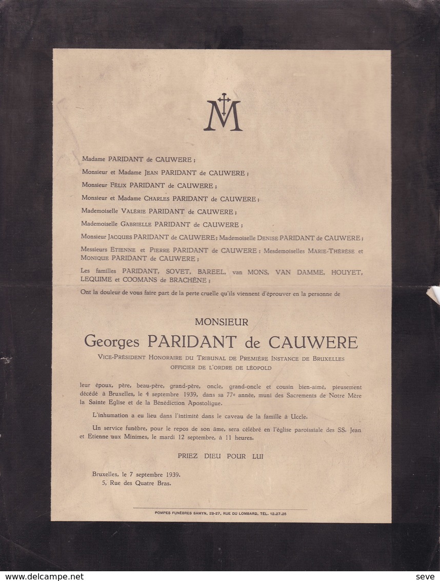 UCCLE Georges PARIDANT De CAUWERE Vice-président Tribunal Bruxelles 77 Ans 1939 Famille COOMANS De BRACHENE - Décès