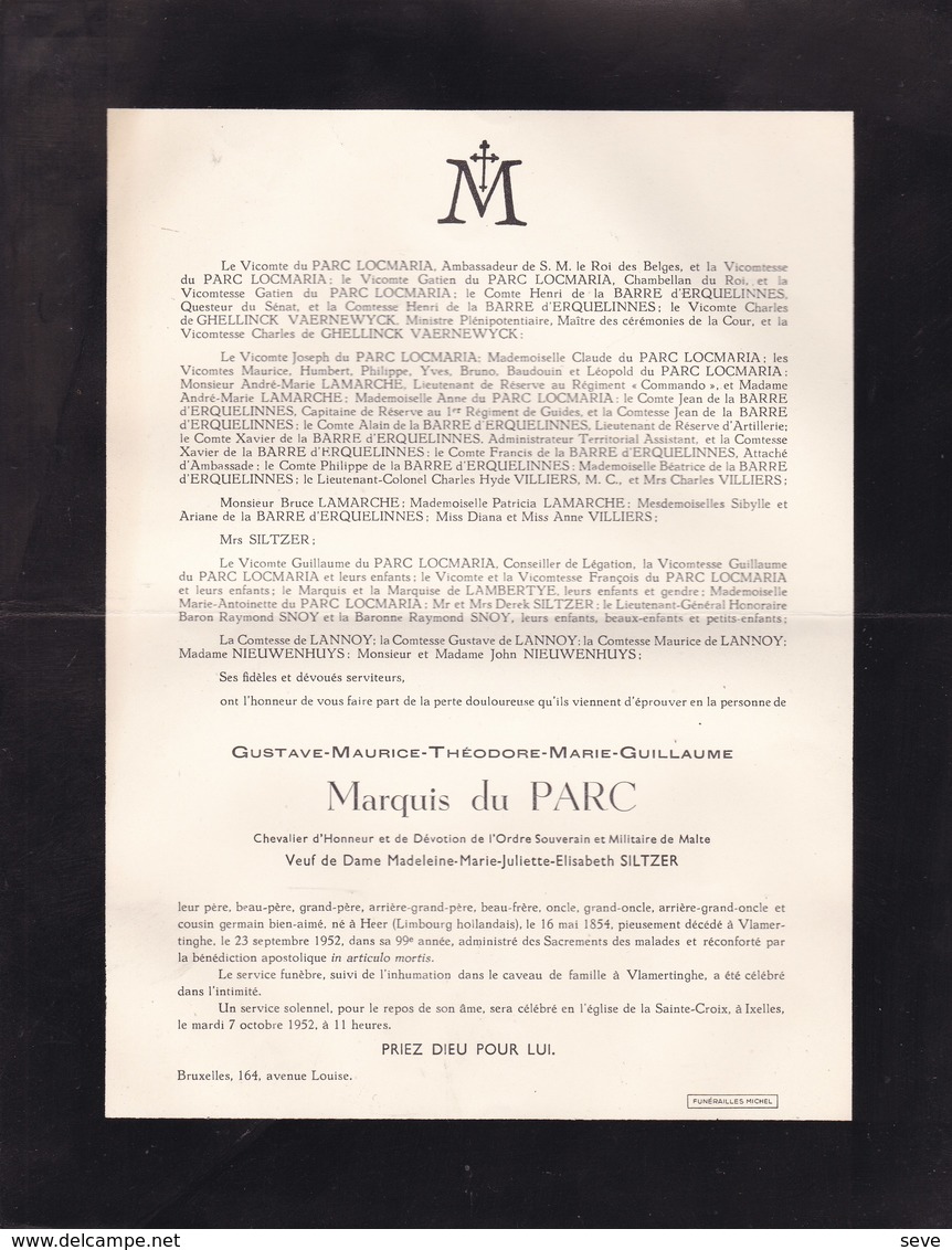 VLAMERTINGHE VLAMERTINGE Gustave Marquis Du PARC Veuf SILTZER 1854-1952 Né HEER Limbourg Hollandais - Décès