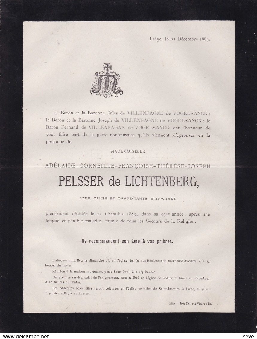 ZOLDER LIEGE Adélaide PELSSER De LICHTENBERG 93 Ans 1883 Famille De VILLENFAGNE De VOGELSANCK - Décès