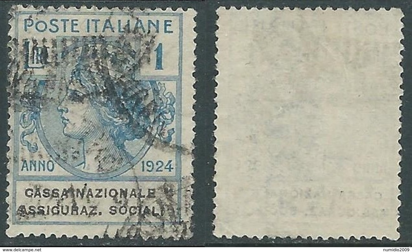 1924 REGNO ENTE PARASTATALE USATO ASSICURAZ. SOCIALI 1 LIRA SASSONE 29 - M47-2 - Franchigia