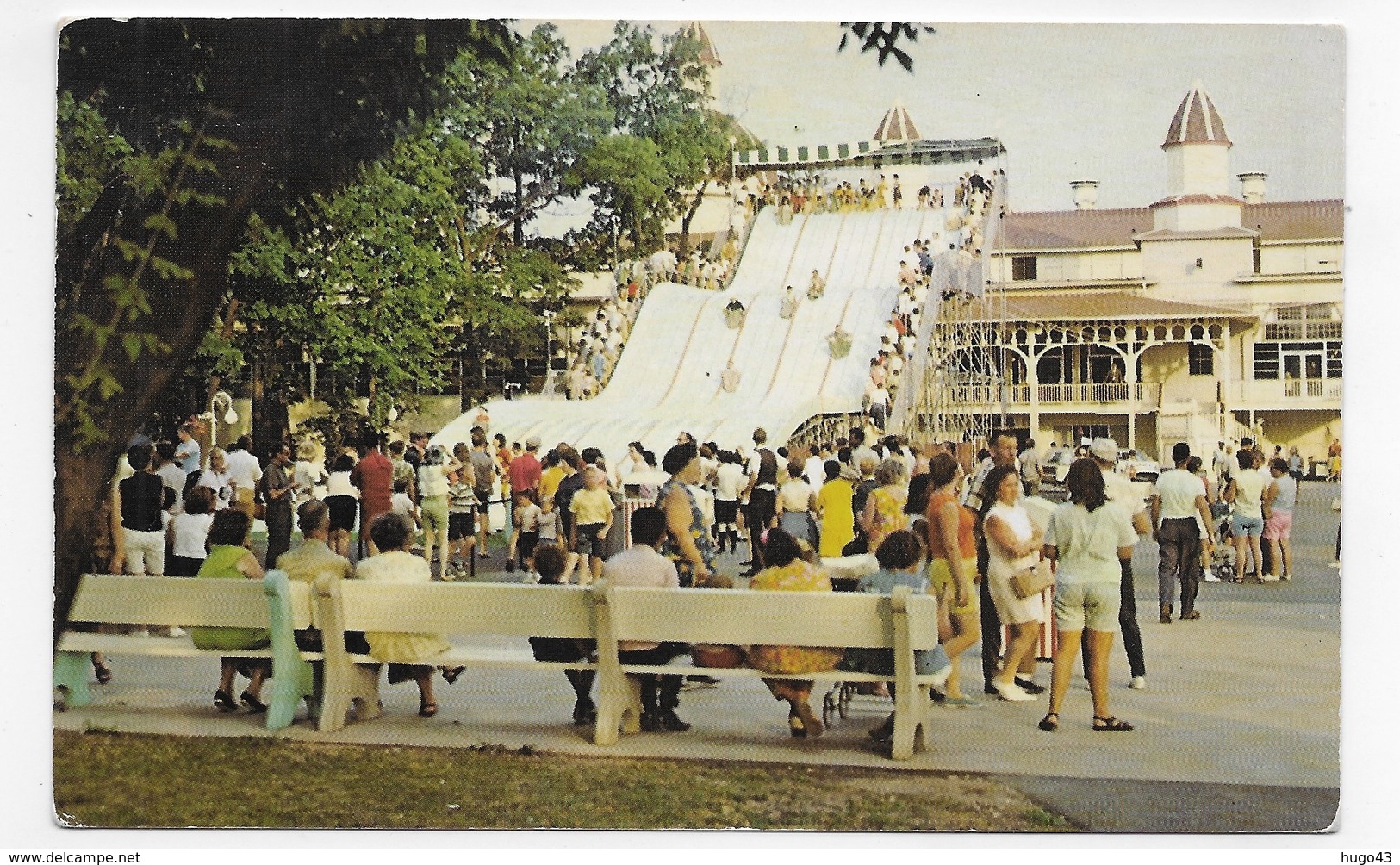 (RECTO / VERSO) SANDUSKY EN 1969 - THE SKY SLIDE - CEDAR POINT - BEAU TIMBRE - FORMAT CPA VOYAGEE - Autres & Non Classés