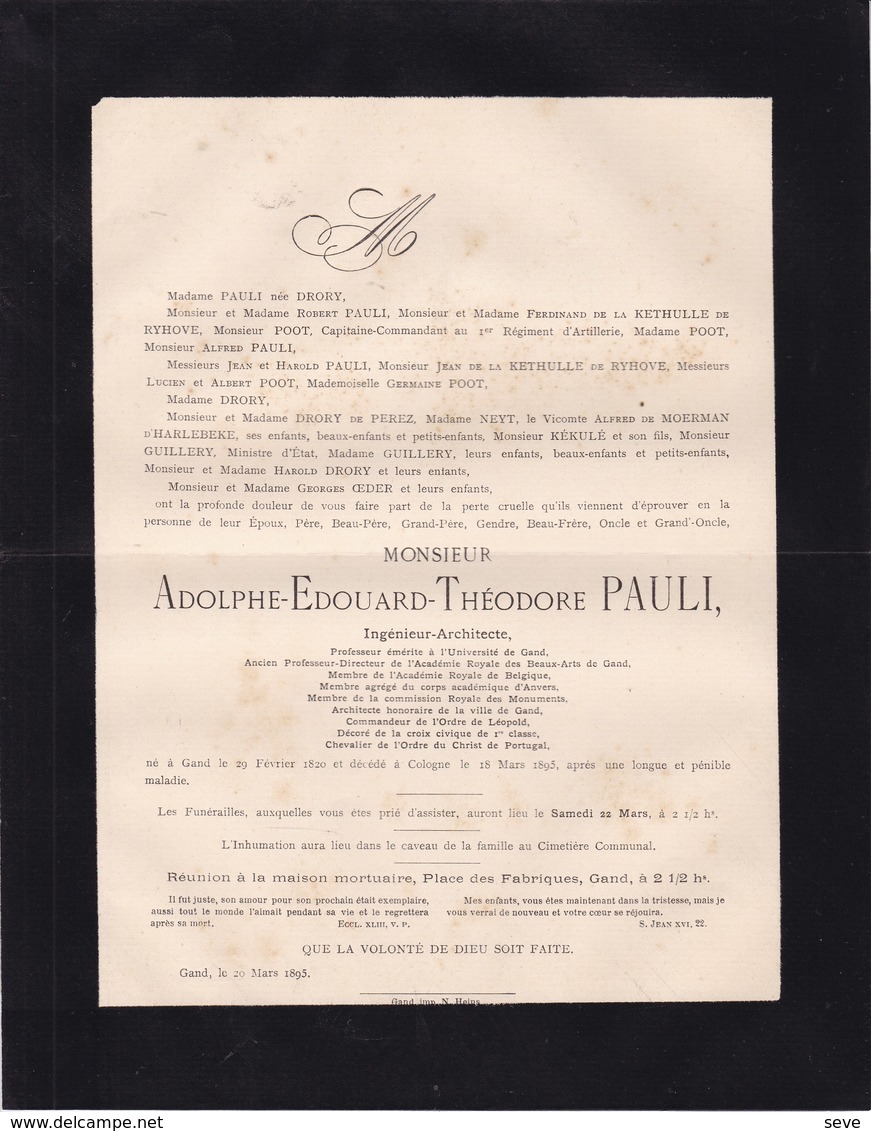 GAND COLOGNE Adolphe PAULI Architecte Ville De Gand Professeur Université Académie Royale DRORY 1820-1895 GUILLERY - Décès