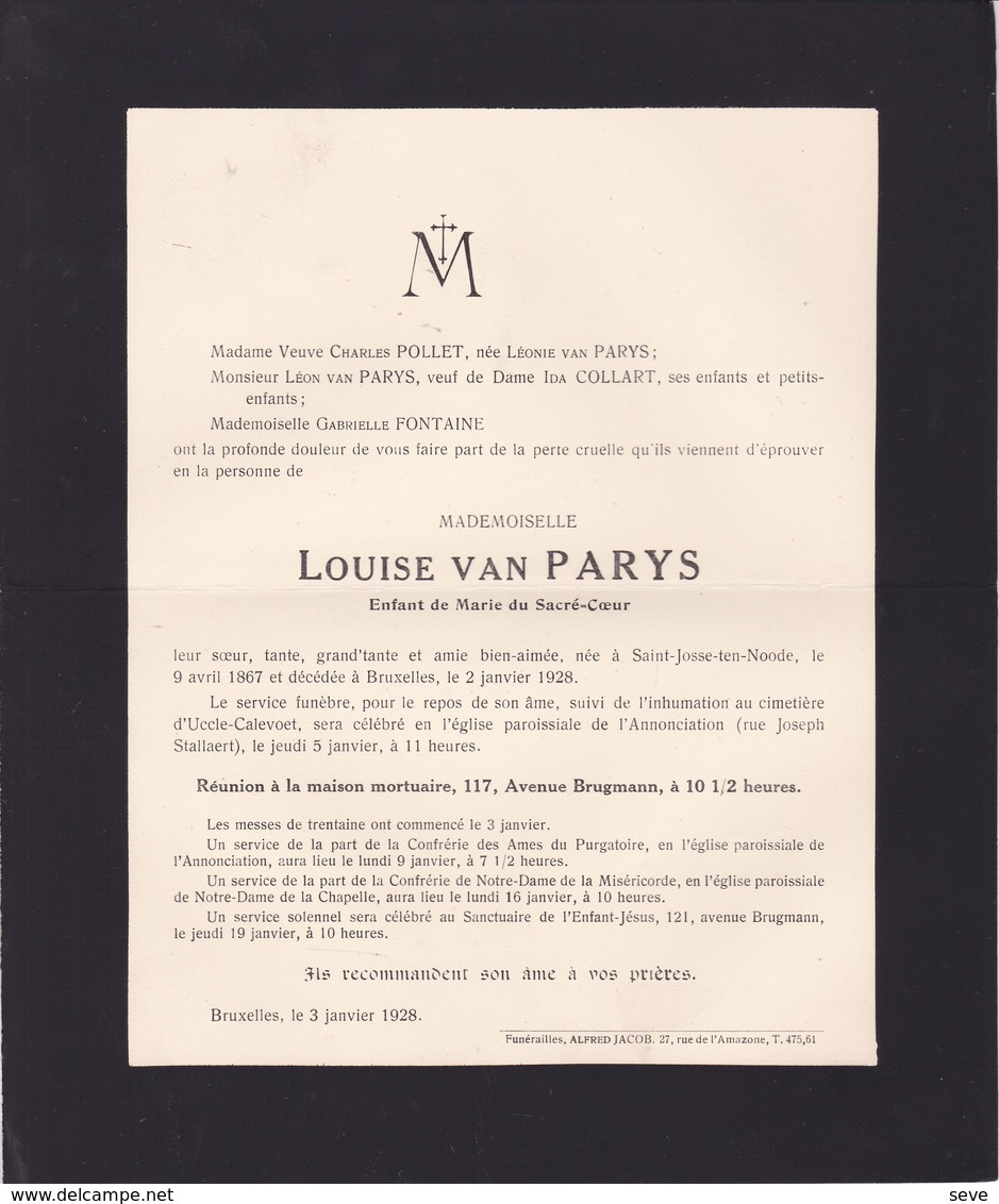 SAINT-JOSSE Uccle Louise Van PARYS Enfant De Marie Du Sacré-Coeur 1867-1928 - Décès