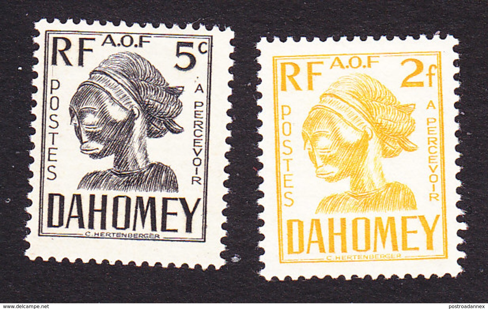 Dahomey, Scott #J19, J27, Mint Hinged, Carved Mask, Issued 1941 - Unused Stamps