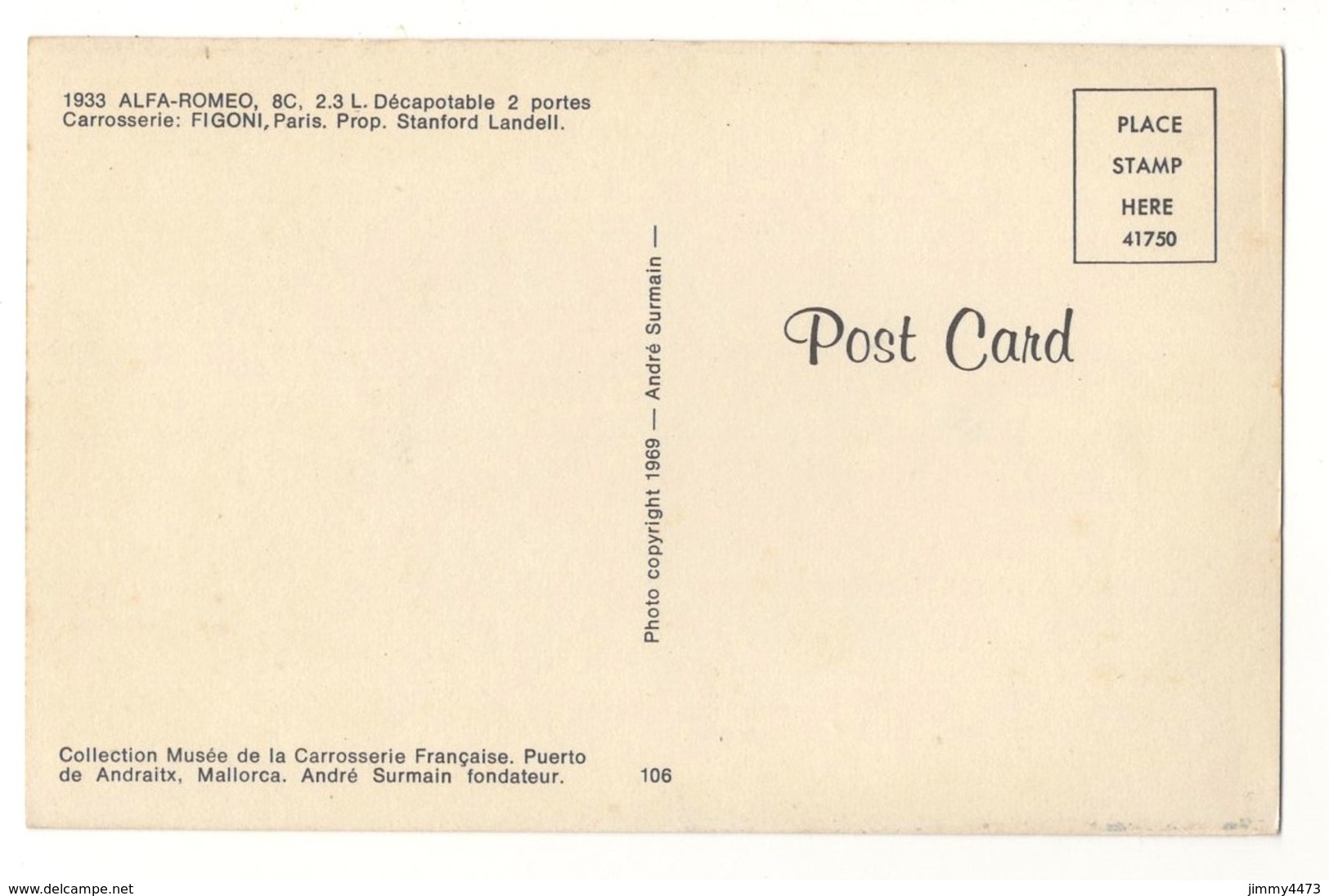 CPA POST CARD - 1933 ALFA-ROMEO  8C  2.3 L Décapotable 2 Portes - Carrosserie FIGONI - Passenger Cars