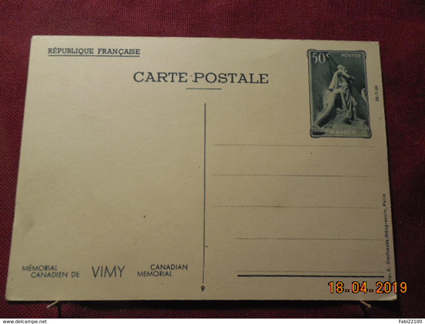 Carte Entier Postal ( Mémorial Canadien De Vimy) - Cartes Postales Types Et TSC (avant 1995)