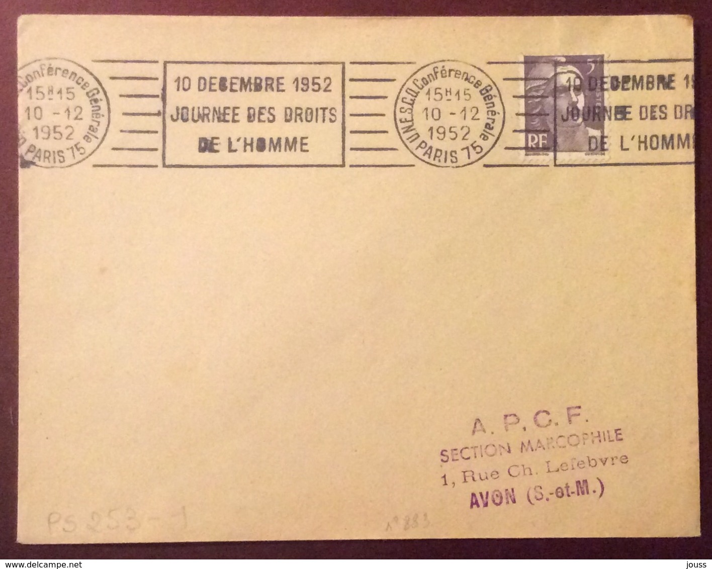 PS253-1 Unesco Conférence Générale Paris 75 « 10 Décembre 1952 Journée Droits De L’Homme» Marianne Gandon 883 10/12/1952 - 1921-1960: Modern Period